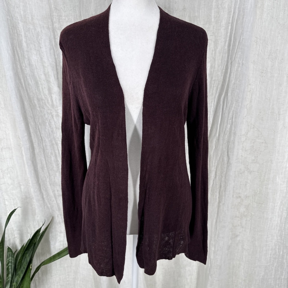 Eileen Fisher Burgundy Organic Linen Cardigan PM Minimalist 90s Capsule Open